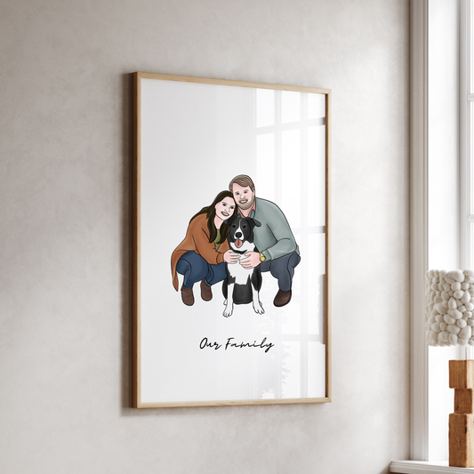 Custom full-color illustrated portrait transforming your photo into a timeless souvenir, a personalized art print for couples, families, or pet lovers. Perfect as a meaningful gift or home decor piece.