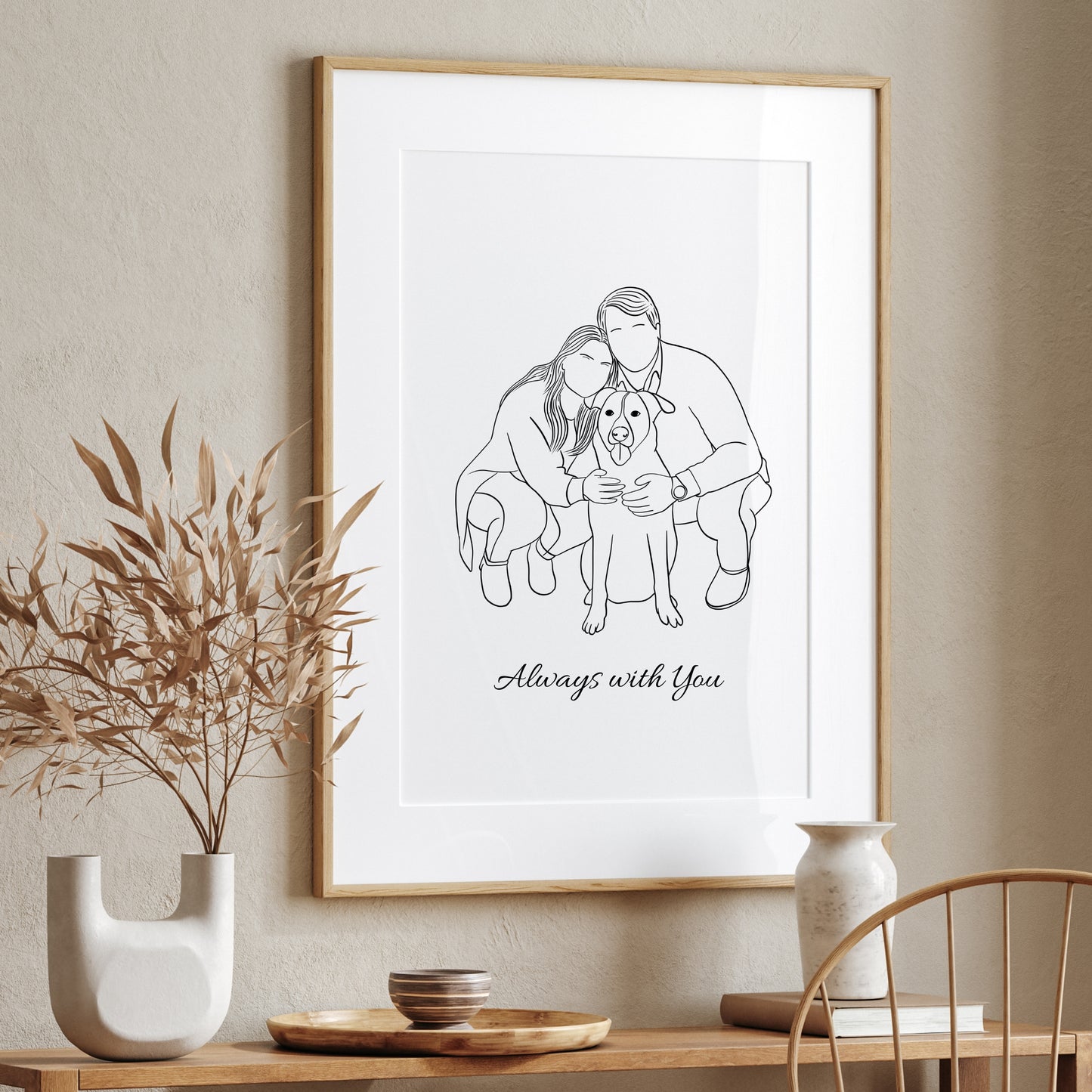 Custom minimalist dog portrait with family, personalized pet illustration Christmas gift for dog lovers