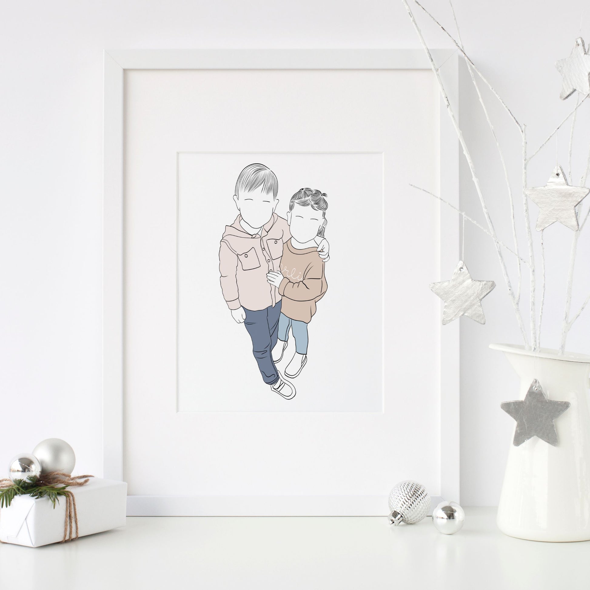 Custom minimalist family portrait illustration, digital wall art created from a photo, personalized Christmas gift for parents, couples, and kids.