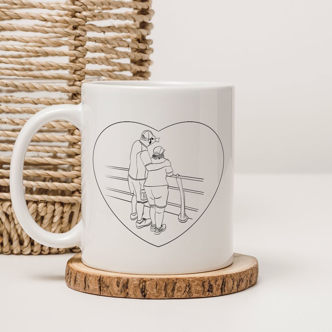 Custom family portrait mug in line art style, white ceramic cup for holiday gift.
