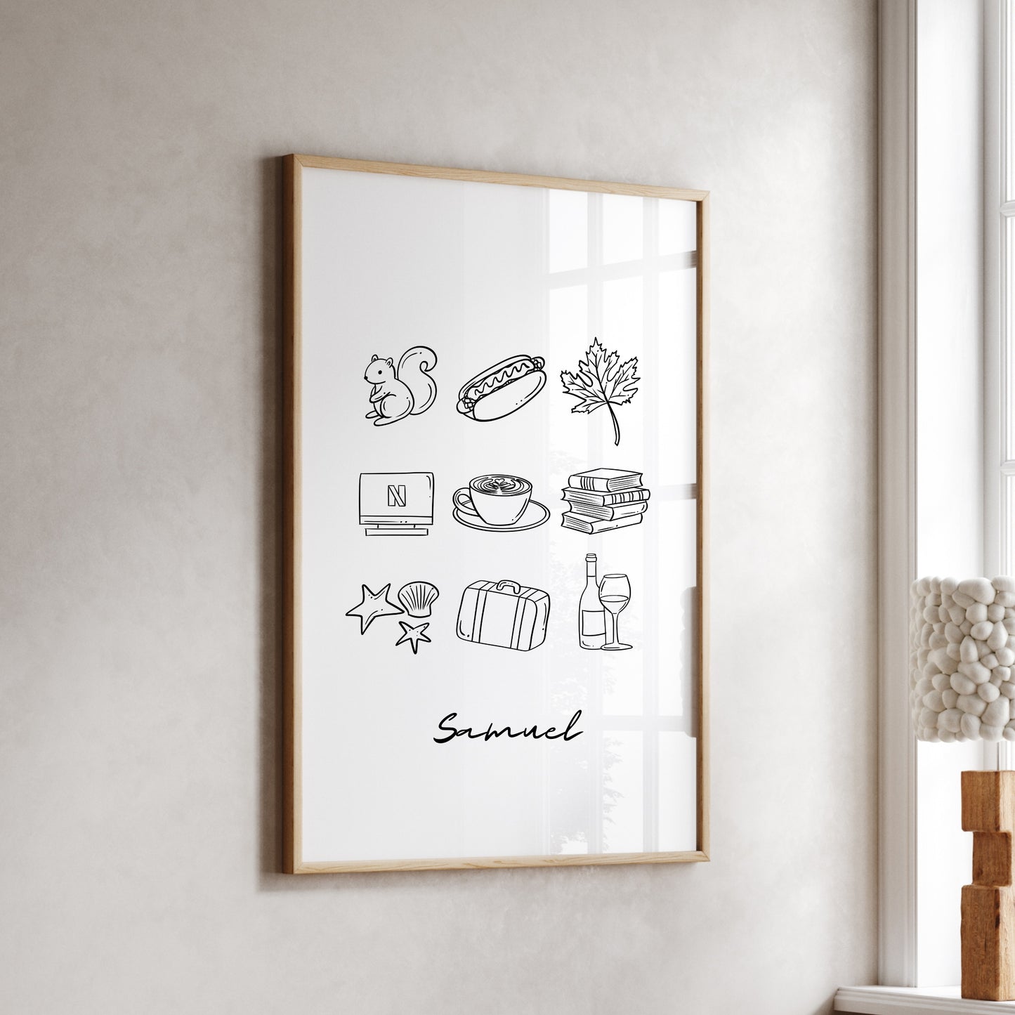 My Favorite Things custom print - personalized hand-drawn line art illustration of 3, 6, or 9 favorite objects, available in black and white or with color accents