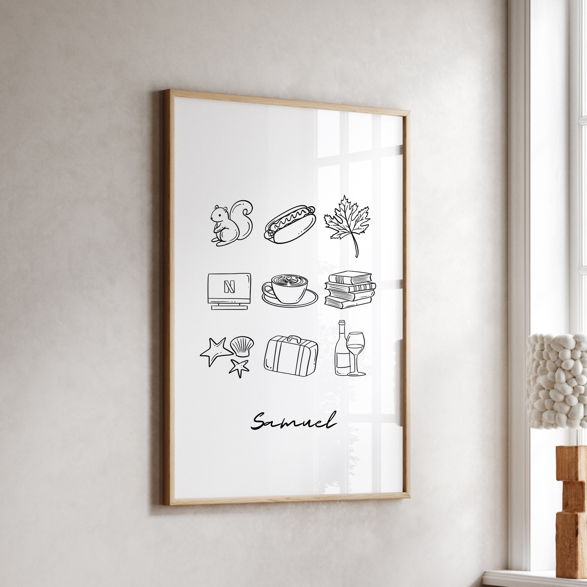 My Favorite Things custom print - personalized hand-drawn line art illustration of 3, 6, or 9 favorite objects, available in black and white or with color accents