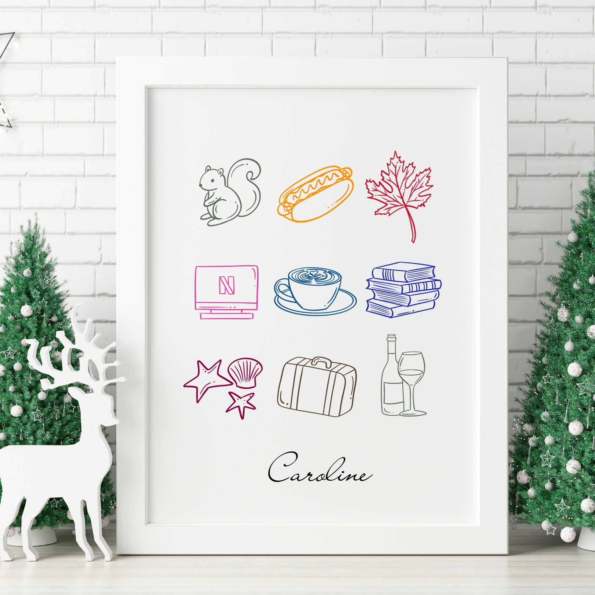 My Favorite Things custom print - personalized hand-drawn line art illustration of 3, 6, or 9 favorite objects, available in black and white or with color accents