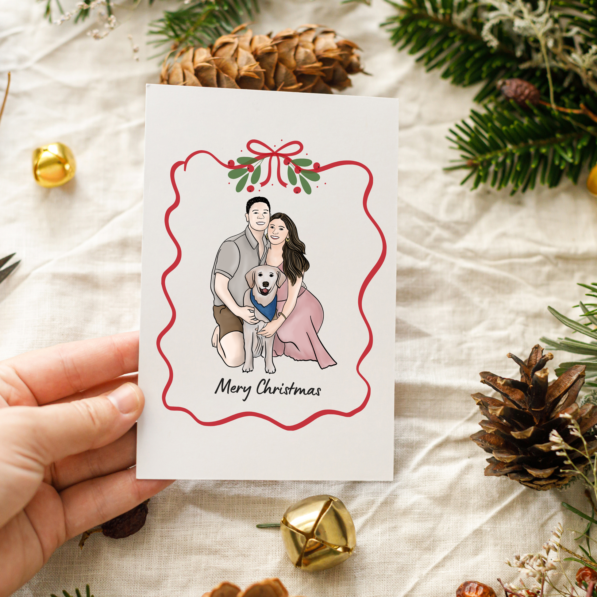 Personalized full color Christmas portrait of a couple with their dog, custom digital illustration for pet lovers. Printable 8x10 holiday art that can be used as wall decor or a Christmas card. Perfect gift for couples, dog owners, and families who want a meaningful and festive keepsake.