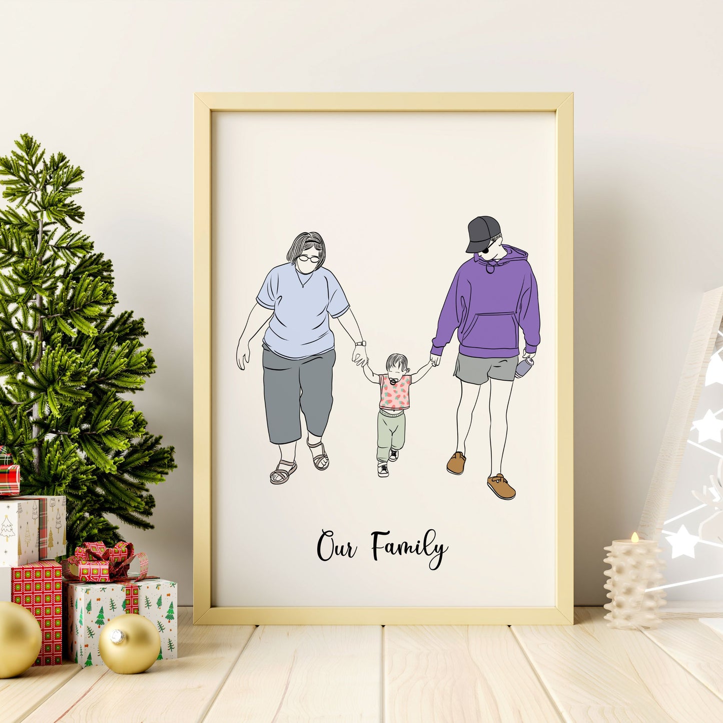 Custom minimalist family portrait illustration, digital wall art created from a photo, personalized Christmas gift for parents, couples, and kids.