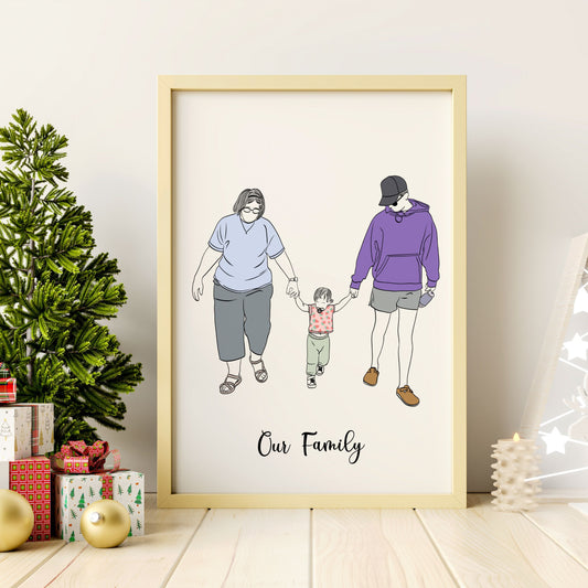Custom minimalist family portrait illustration, digital wall art created from a photo, personalized Christmas gift for parents, couples, and kids.