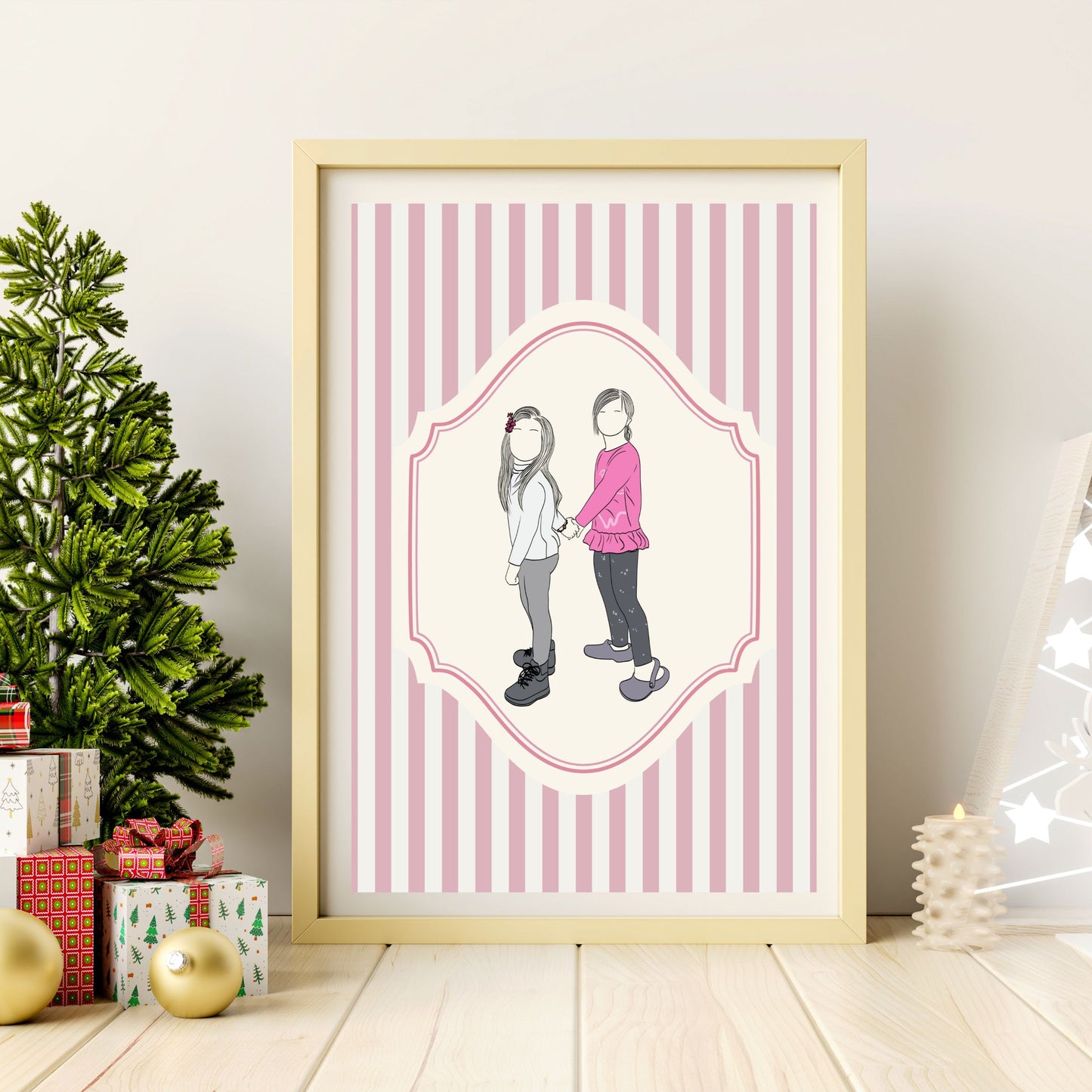 Personalized Christmas portrait art for families, minimalist holiday wall decor.