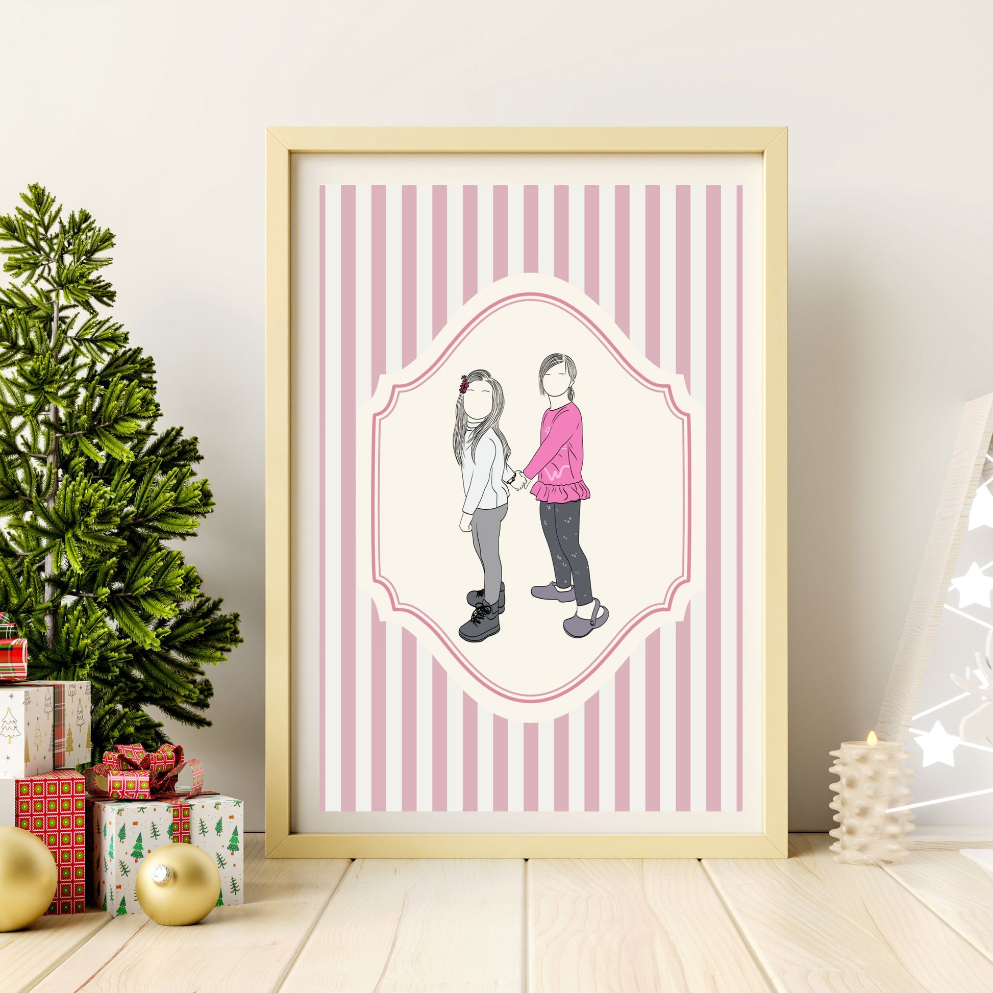 Personalized Christmas portrait art for families, minimalist holiday wall decor.