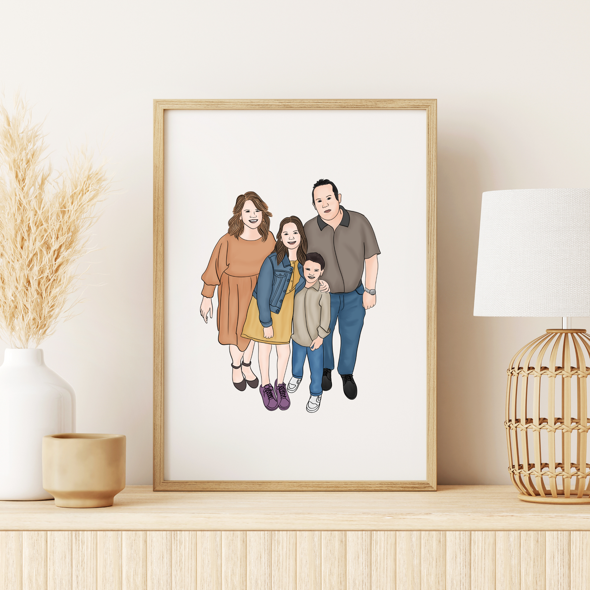 Custom full-color illustrated portrait transforming your photo into a timeless souvenir, a personalized art print for couples, families, or pet lovers. Perfect as a meaningful gift or home decor piece.