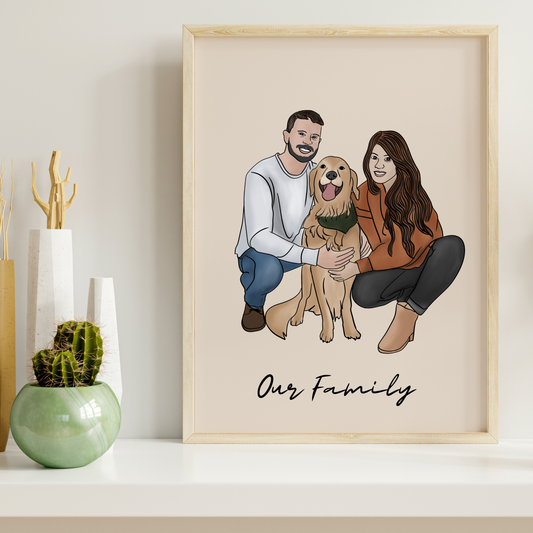 Custom full-color illustrated portrait transforming your photo into a timeless souvenir, a personalized art print for couples, families, or pet lovers. Perfect as a meaningful gift or home decor piece.