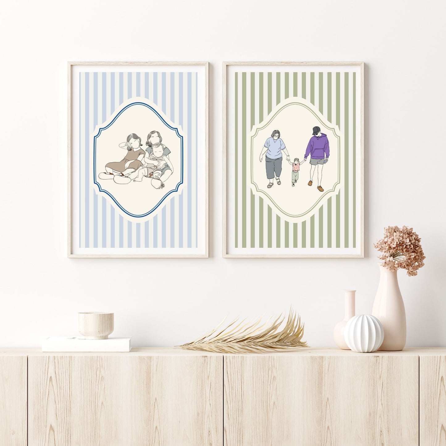 Personalized Christmas portrait art for families, minimalist holiday wall decor.