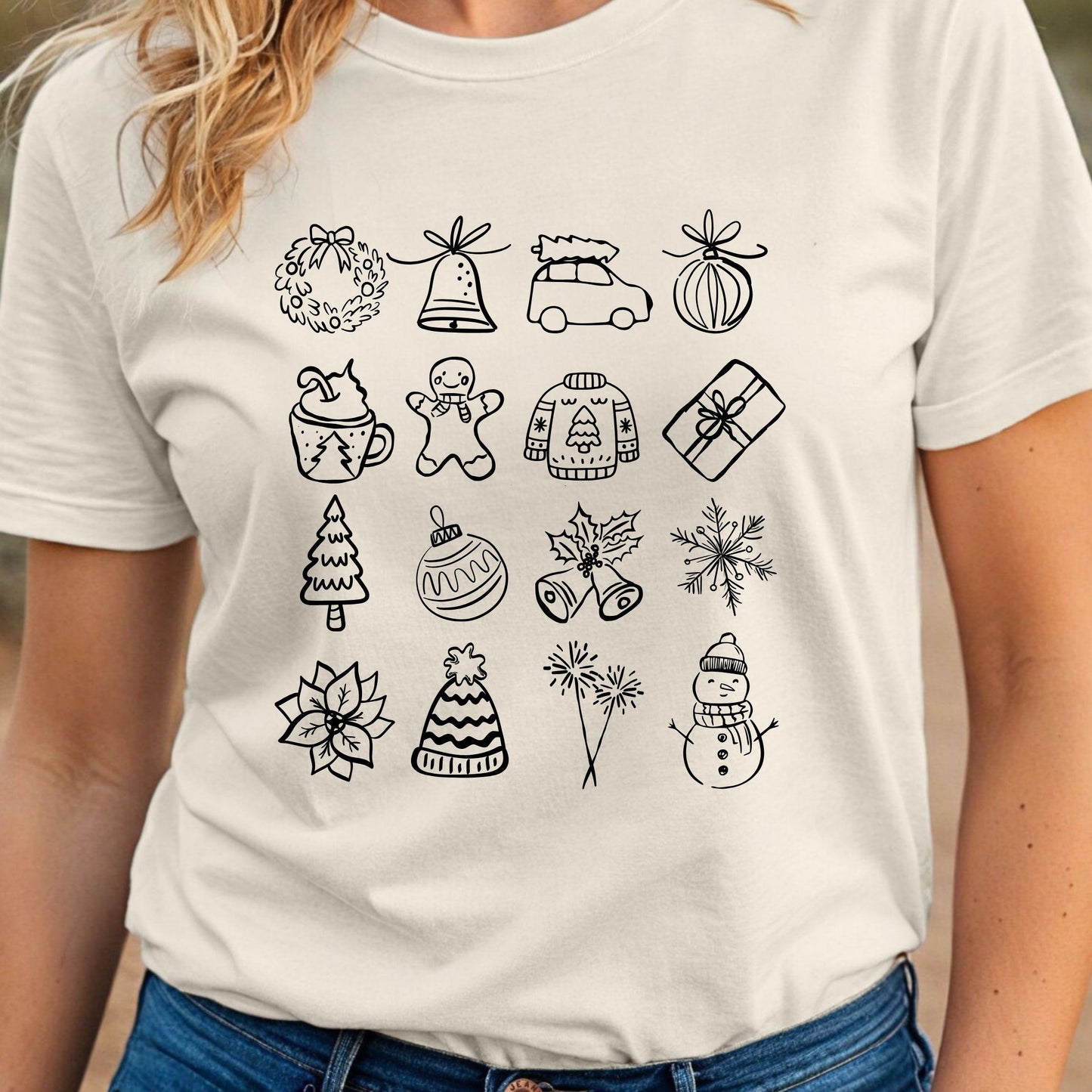 Unisex Christmas doodle t-shirt - cozy holiday tee perfect for festive gatherings and Christmas gifts - trendy seasonal apparel available in multiple colors
