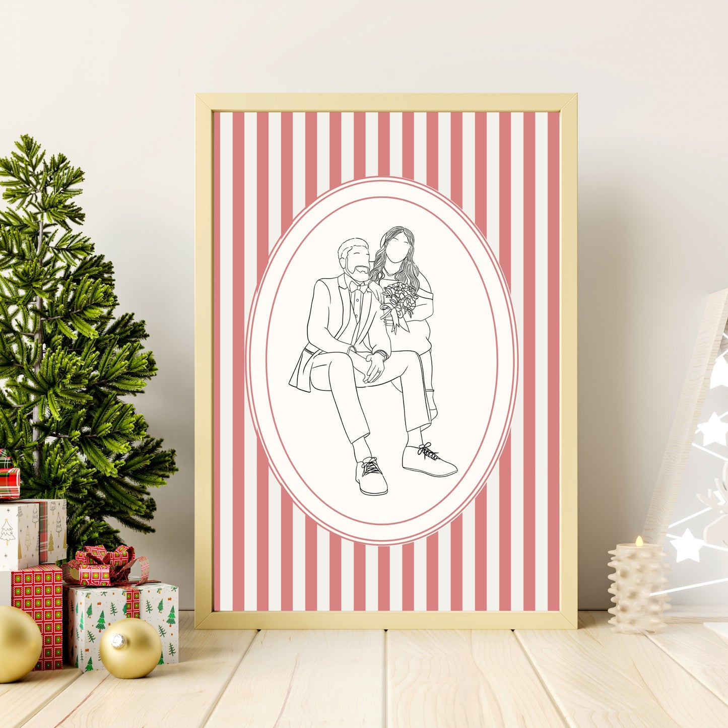 Custom couple portrait in retro color palette, modern minimalist gift idea